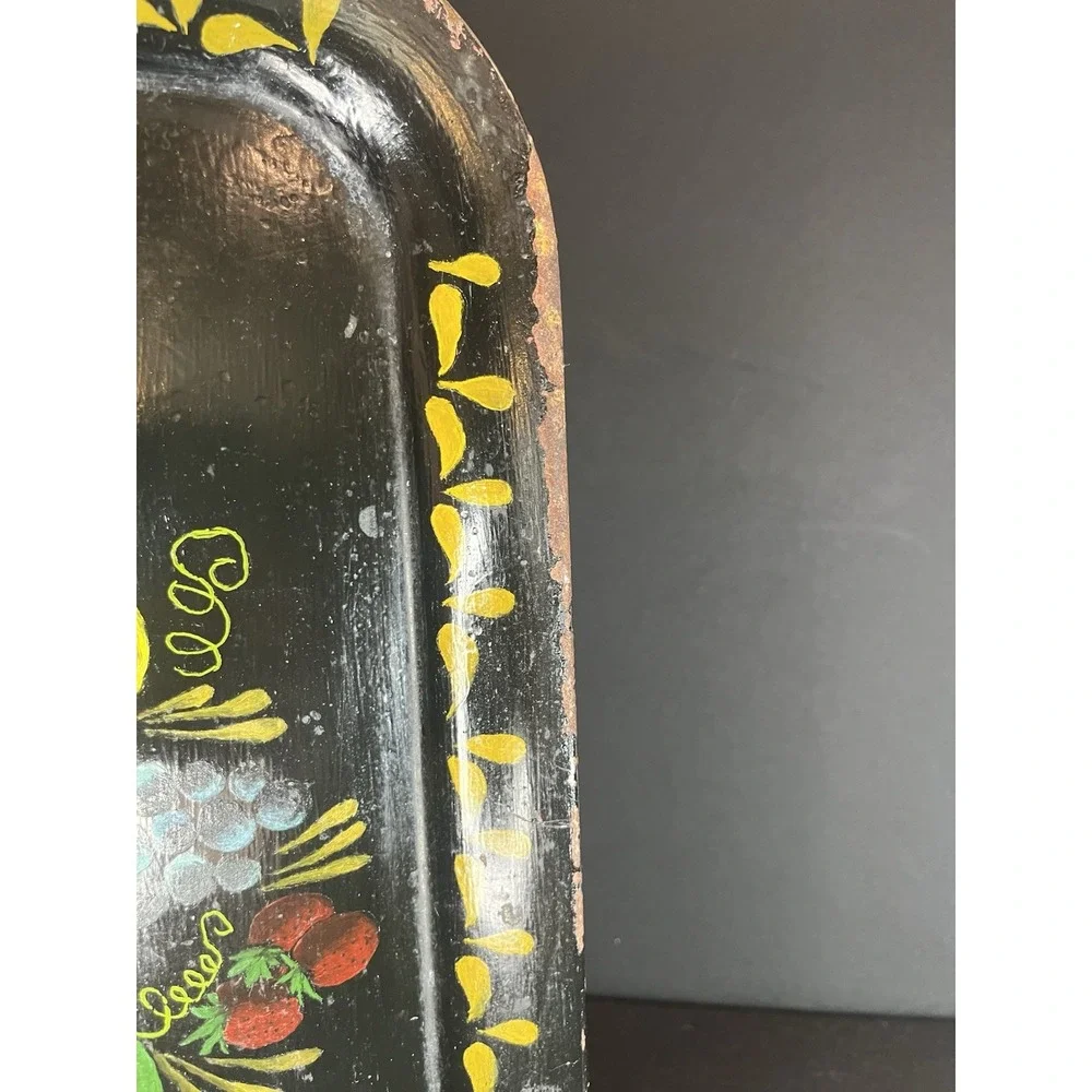Vintage Black Hand Painted Fruit Metal Tray,‎ 17.25x12.25